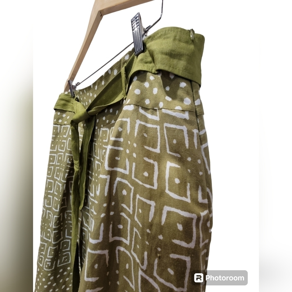 XL Avocado Green Geometric Skirt with Waist Tie String Side Zipper Liner Midi - Picture 4 of 8
